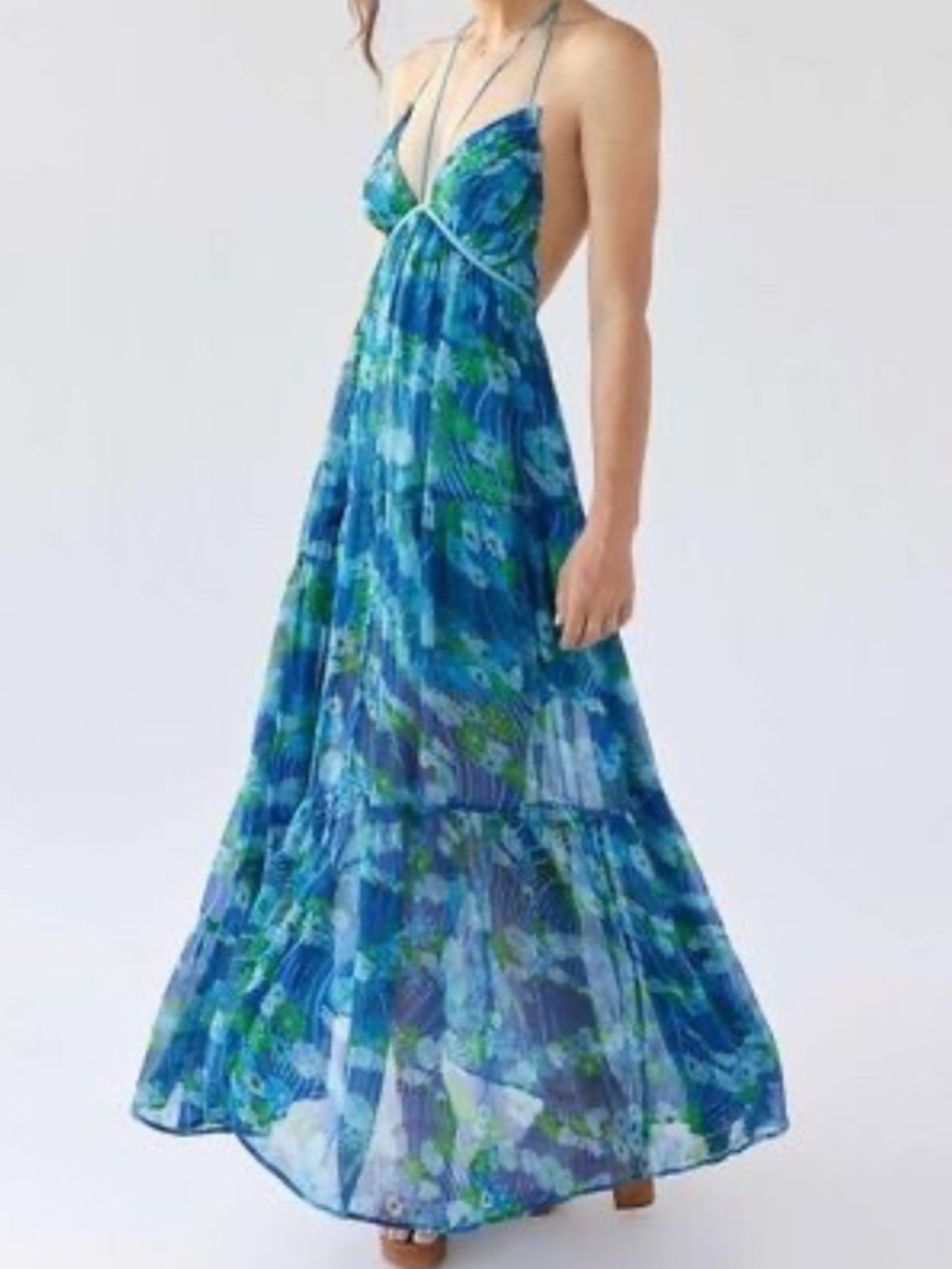 Urban Outfitters Floral Halter Maxi Dress Blue Daisy Boho Festival Summer Party